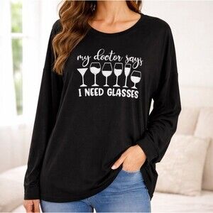 C.O.Z.Y. Black Long Sleeve "I Need Glasses" Wine Graphic Tee NWT Women’s XL
